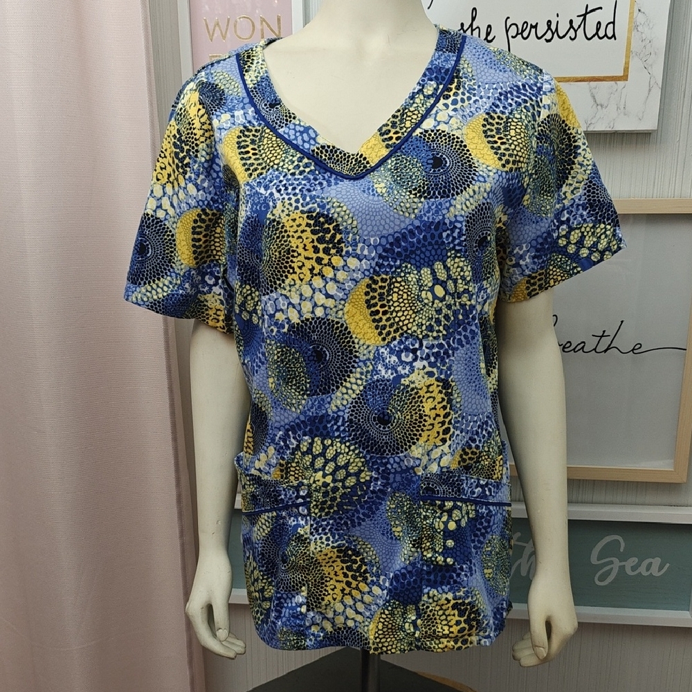 Landau Vibrant Blue and Yellow Short Sleeve Scrub Top